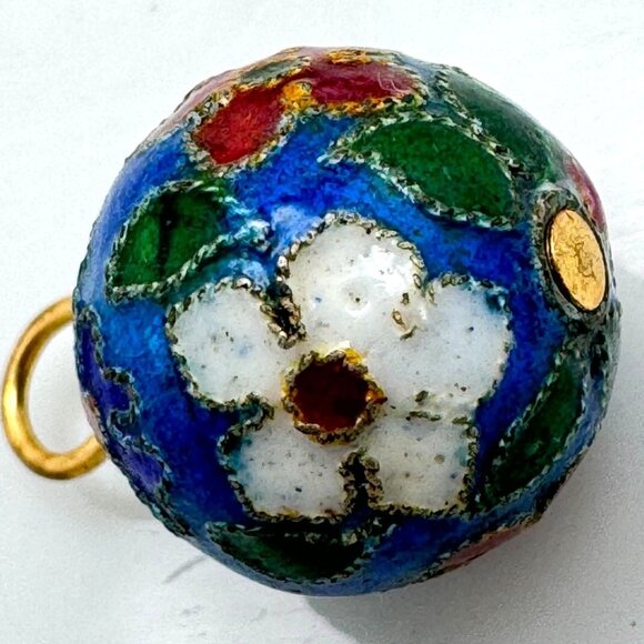 Cloisonne 2 Blue Color Beads 12 MM Red White Green Flowers Beads - Picture 7 of 8